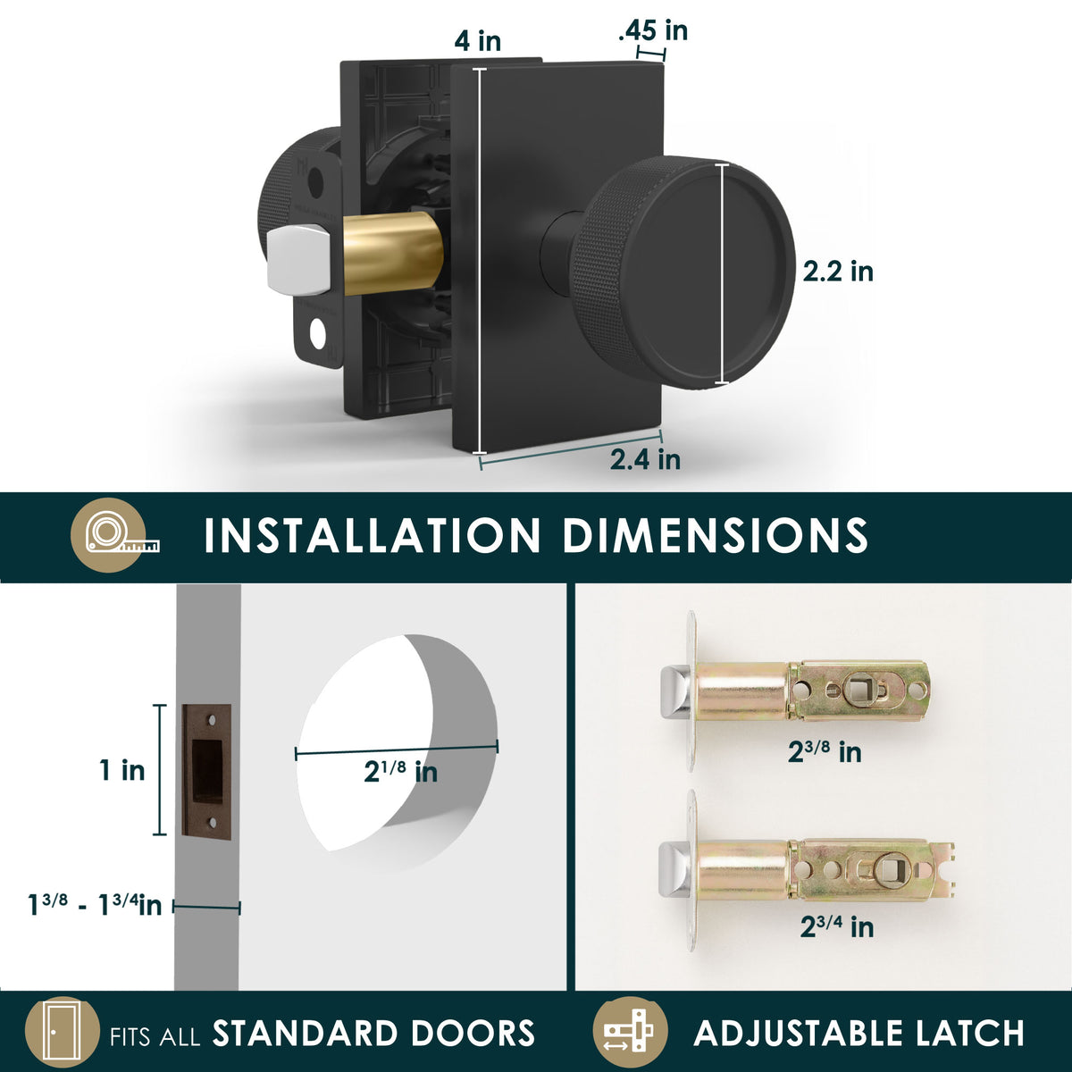 Barton Matte Black knob and adjustable latch installation dimensions diagram