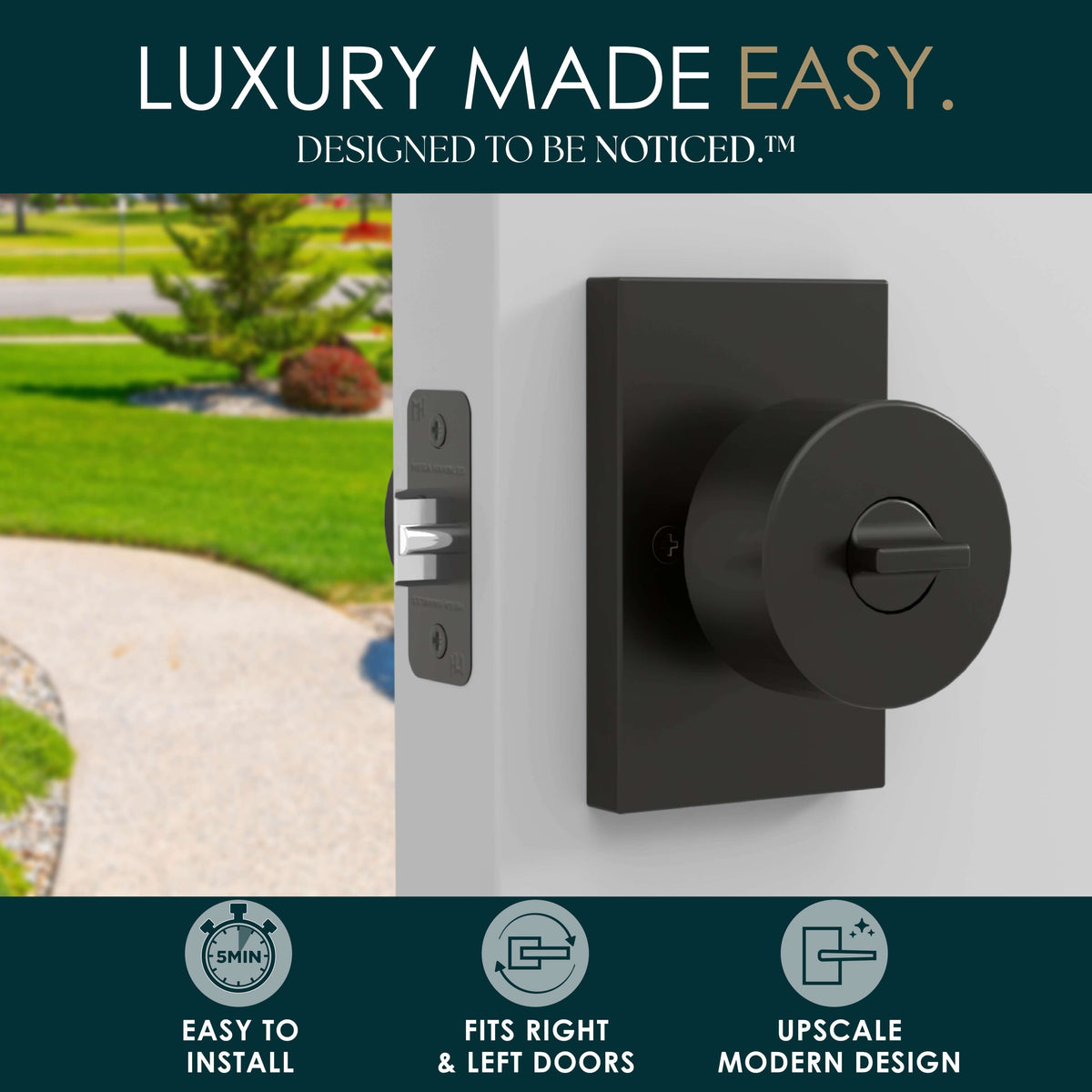 Laura Matte Black entry set feature diagram showing adjustable latch, concealed screws, and keyed lock