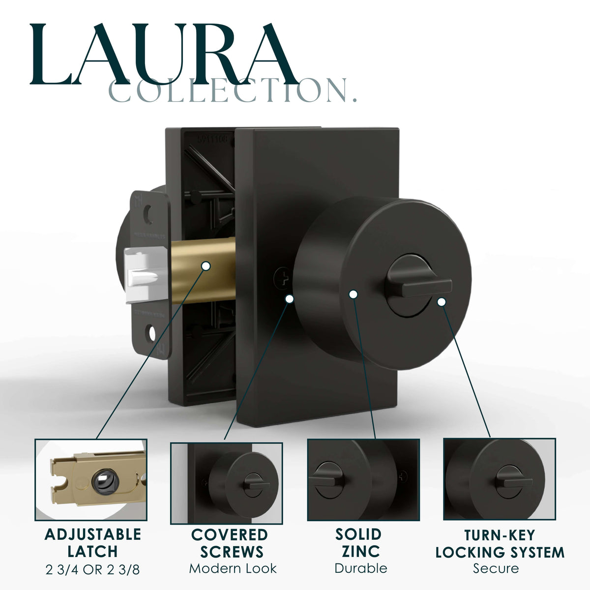 Laura Matte Black keyed entry knob set with rectangular rosettes and exposed latch