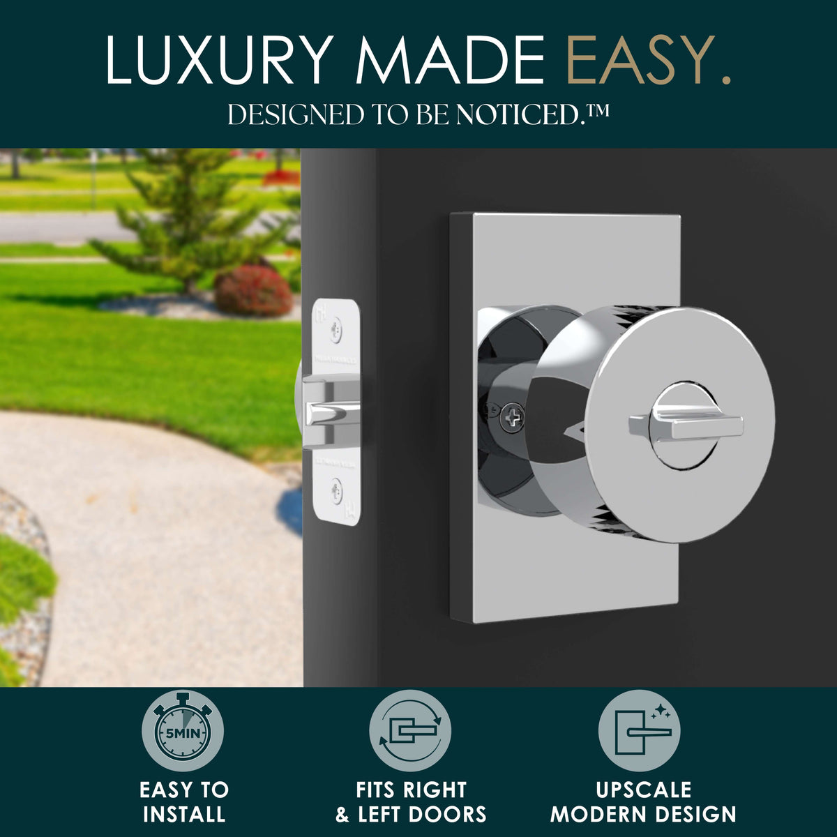 Laura Polished Chrome entry knob installed on a dark door with deadbolt above