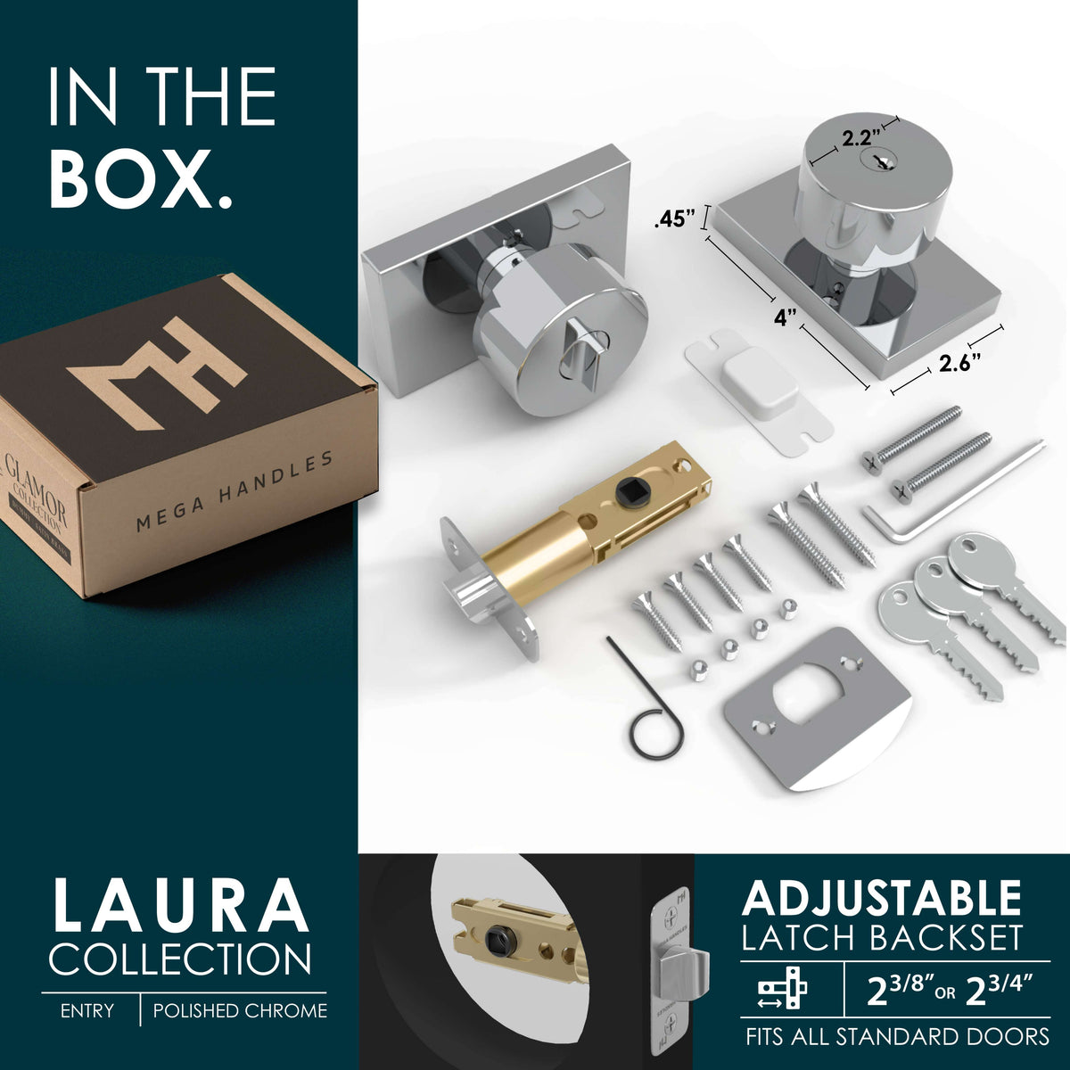 Laura Satin Brass entry set showing keyed knob, interior thumb-turn, deadbolt, and keys
