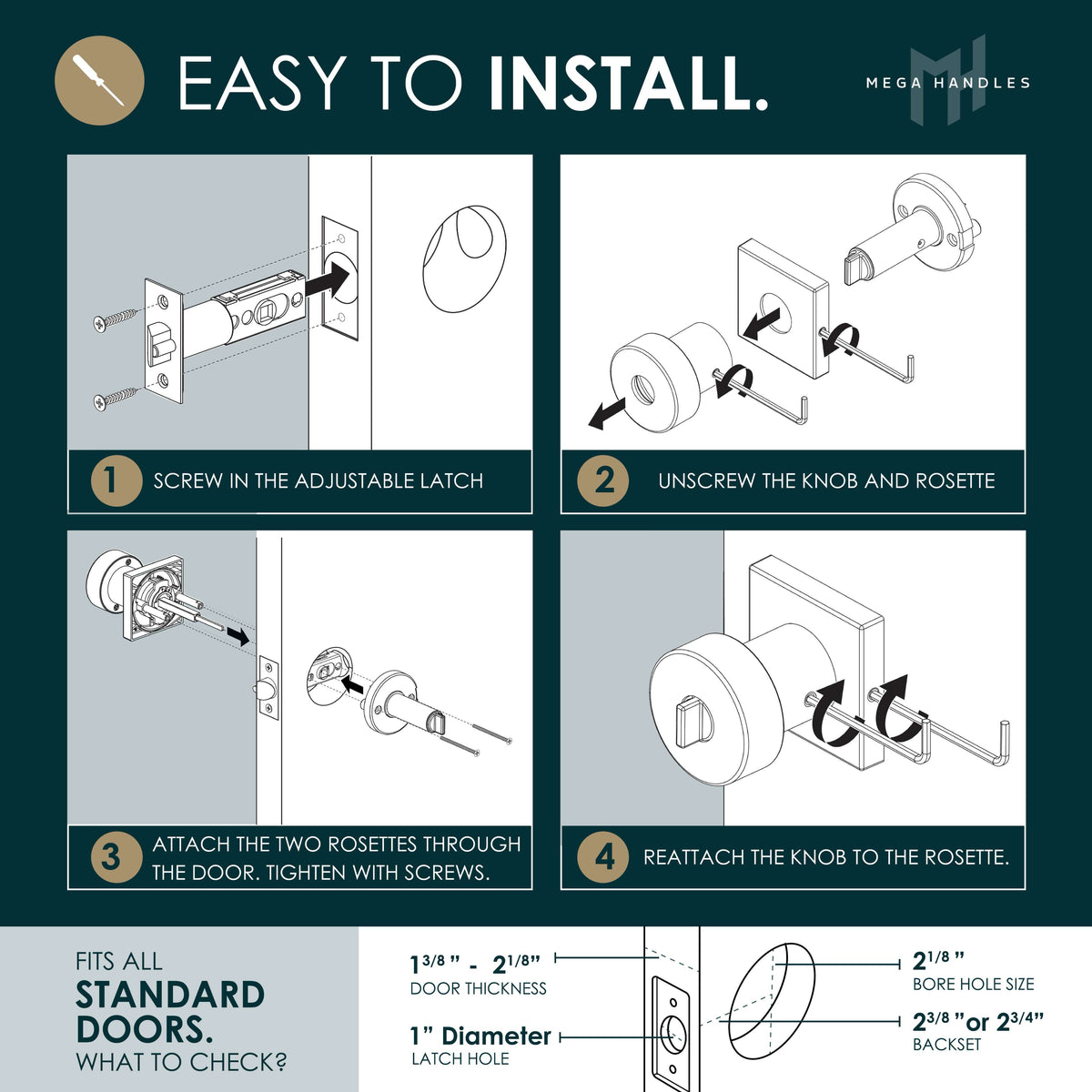 Laura Polished Chrome entry set feature diagram showing adjustable latch, concealed screws, and keyed lock