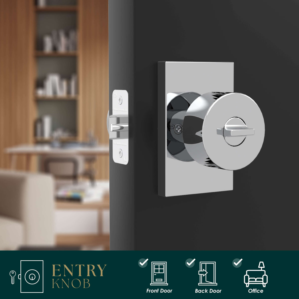 Laura Polished Chrome keyed entry knob set with rectangular rosettes and exposed latch
