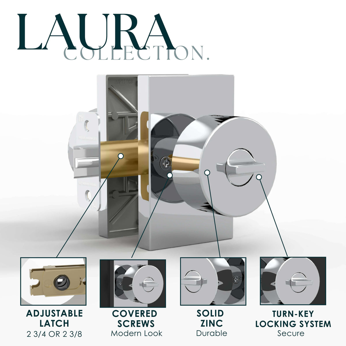 Laura Polished Chrome entry set with knob, deadbolt, latch, screws, keys, and packaging
