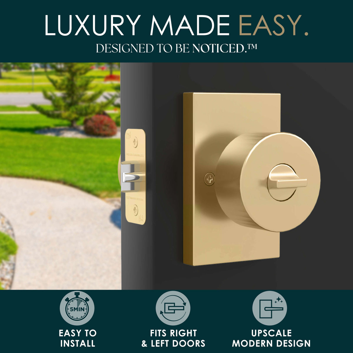 Laura Satin Brass entry set with knob, deadbolt, latch, screws, keys, and packaging