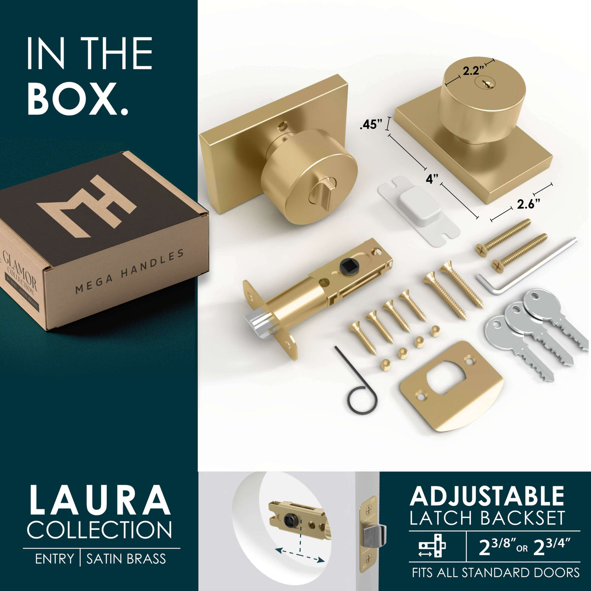 Laura Satin Brass entry set feature diagram showing adjustable latch, concealed screws, and keyed lock