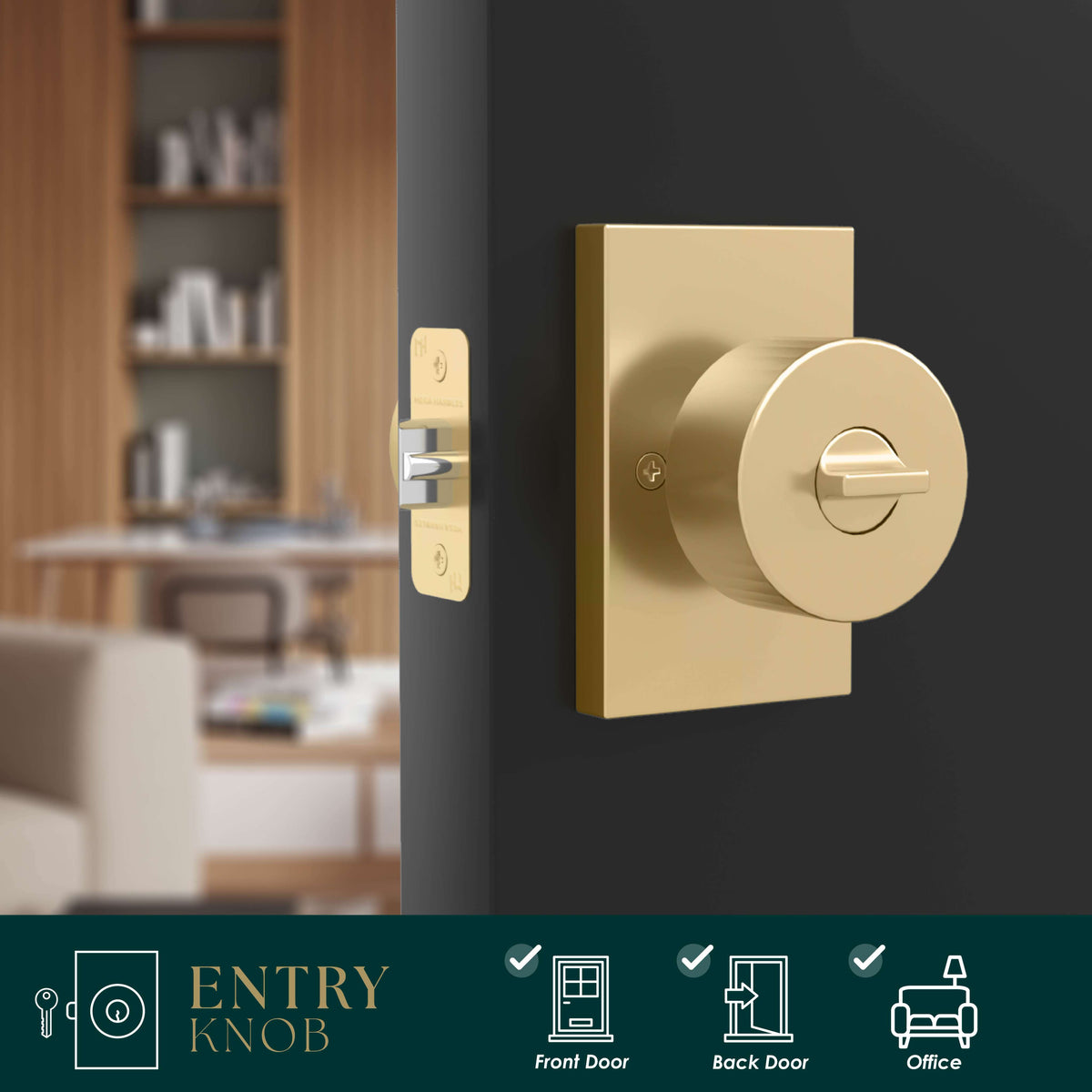 Laura Satin Brass keyed entry knob set with rectangular rosettes and exposed latch
