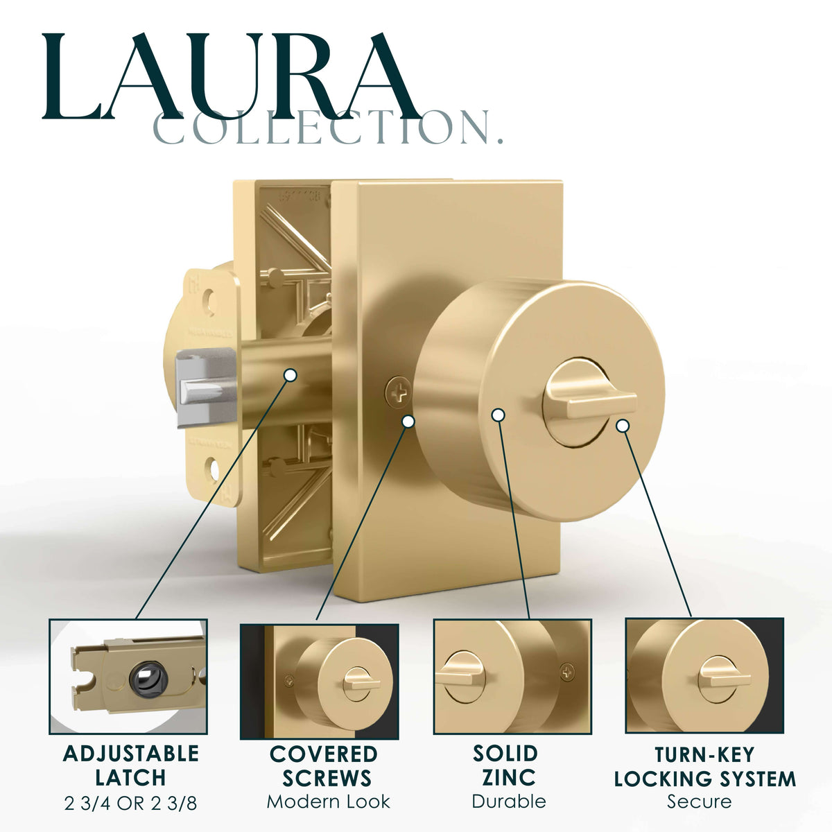 Laura Satin Brass entry knob installed on a dark door with deadbolt above