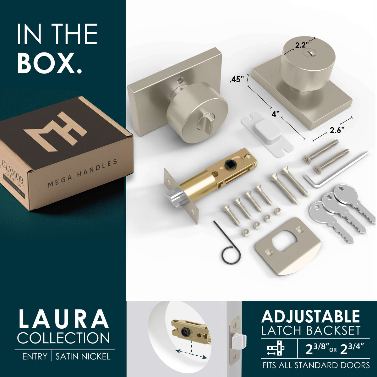 Laura Satin Nickel entry set with knob, deadbolt, latch, screws, keys, and packaging