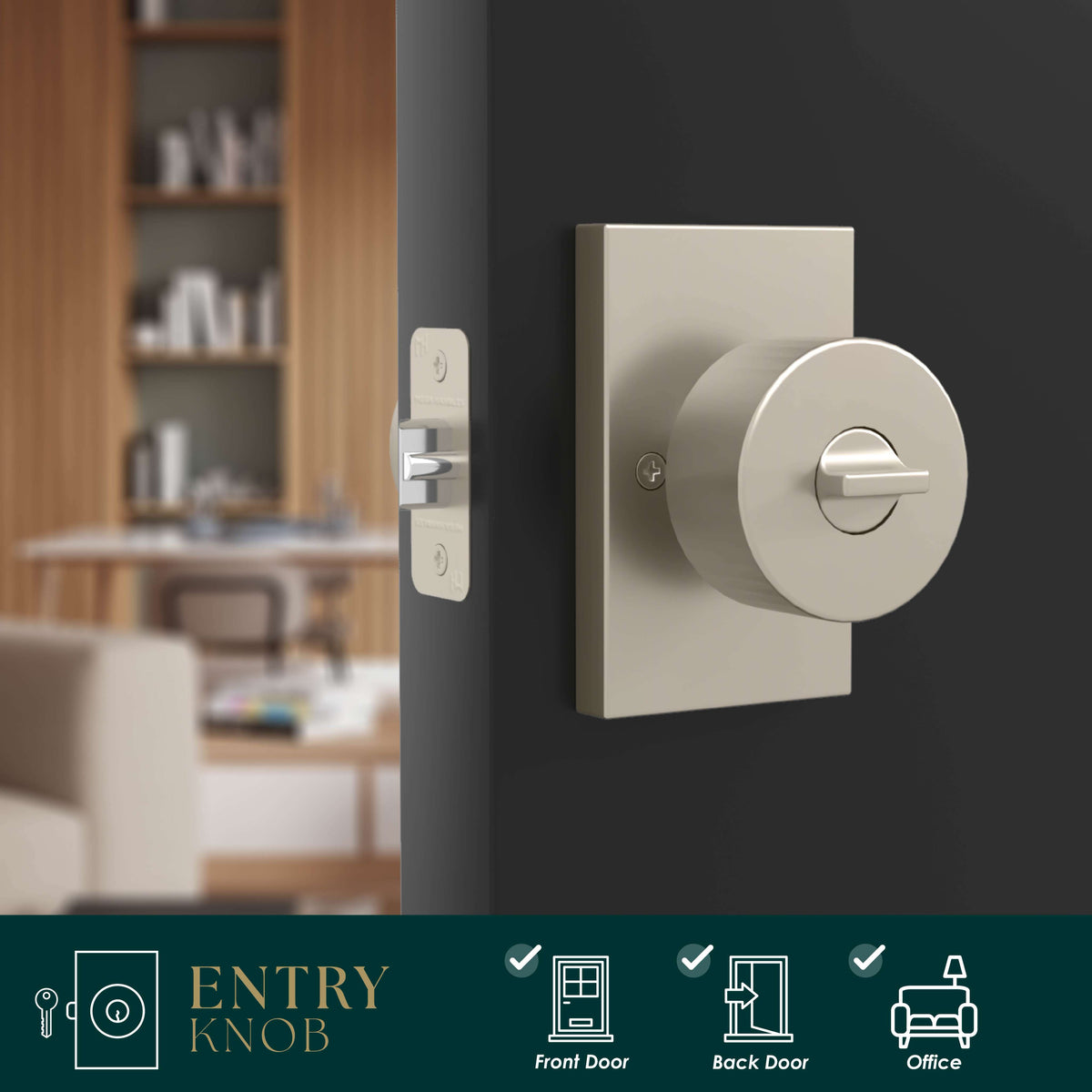 Laura Satin Nickel entry knob installed on a dark door with deadbolt above