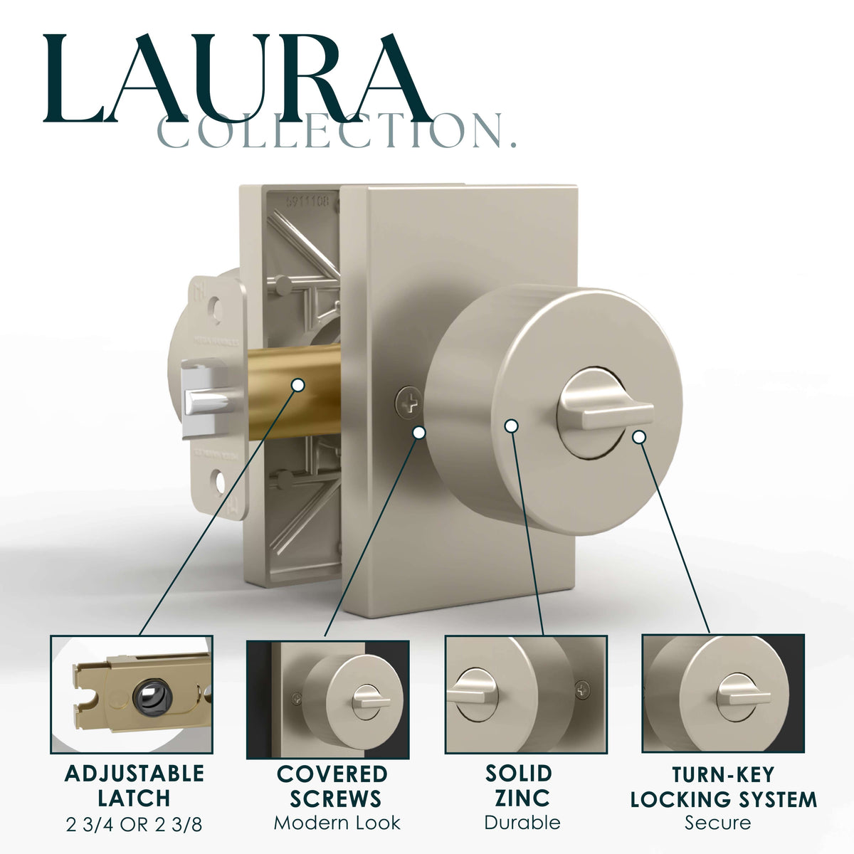 Laura Satin Nickel entry set feature diagram showing adjustable latch, concealed screws, and keyed lock