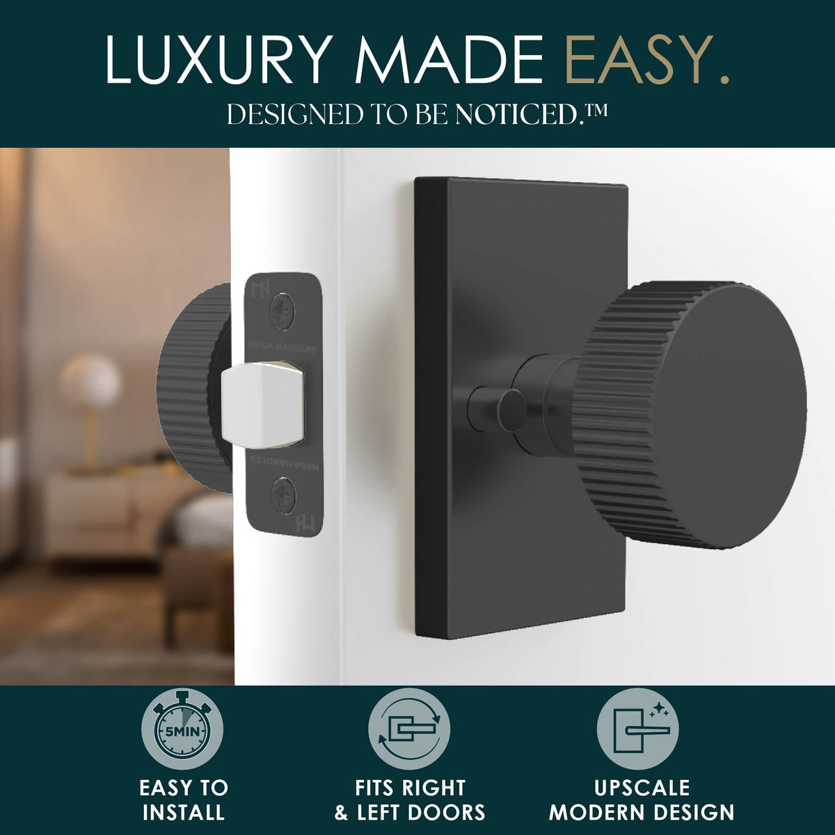 Ribba Matte Black dummy knob lifestyle graphic highlighting easy installation and modern design