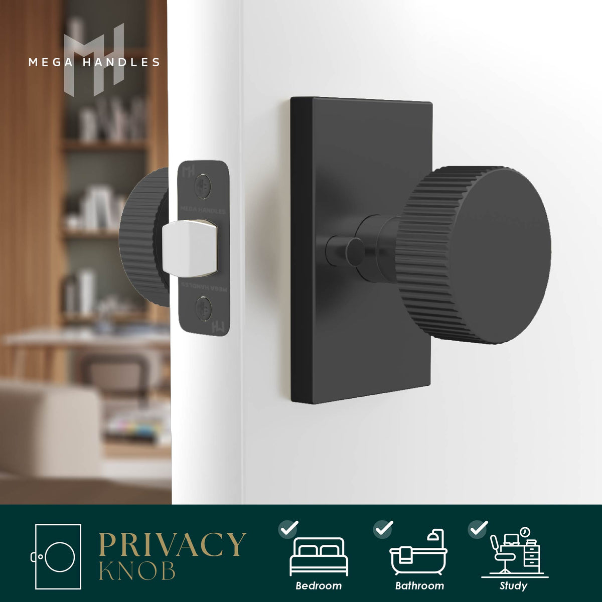 Ribba Matte Black ribbed privacy knob installed on a dark bedroom door with latch visible