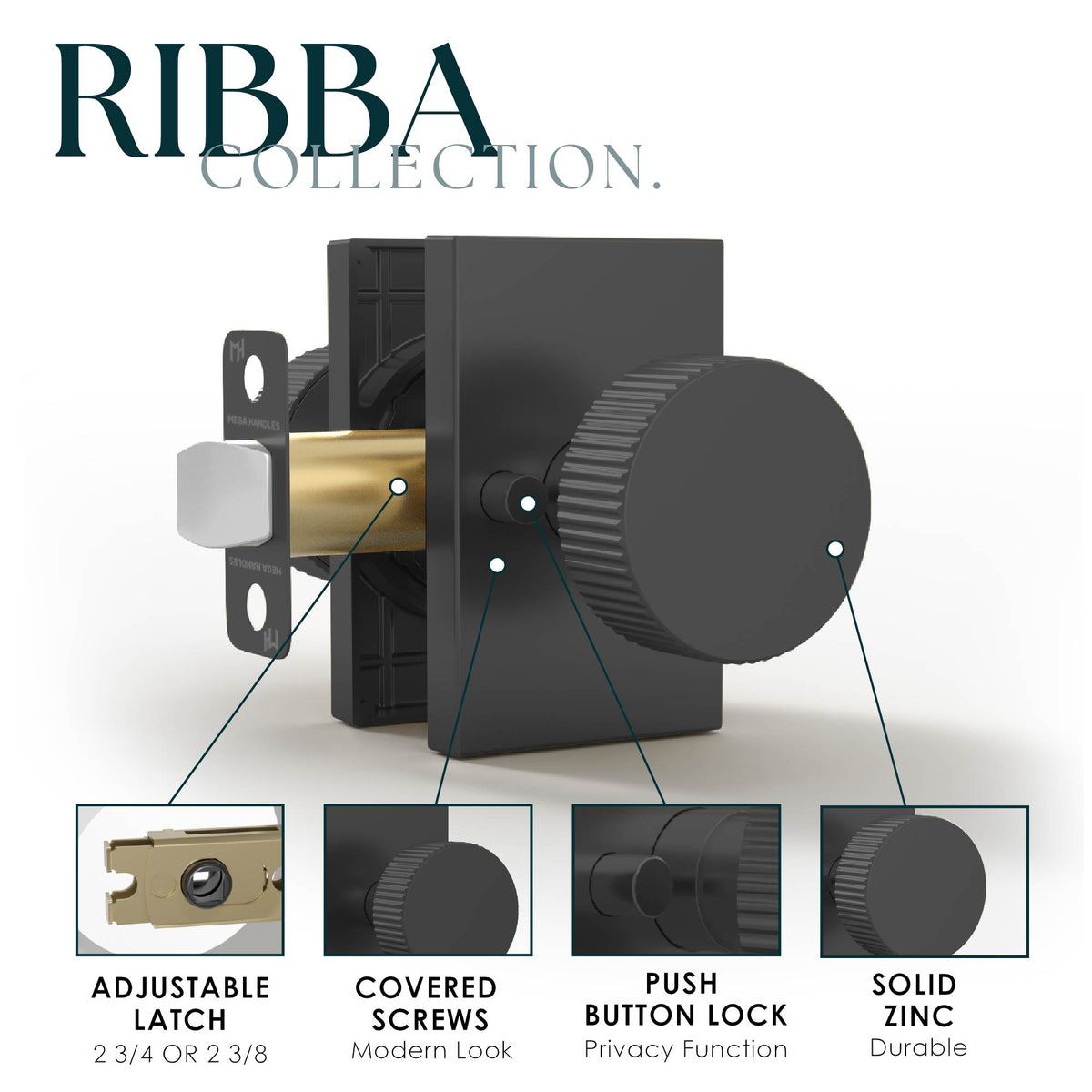 Ribba Matte Black privacy knob feature diagram showing ribbed edge, push-button lock, and adjustable latch