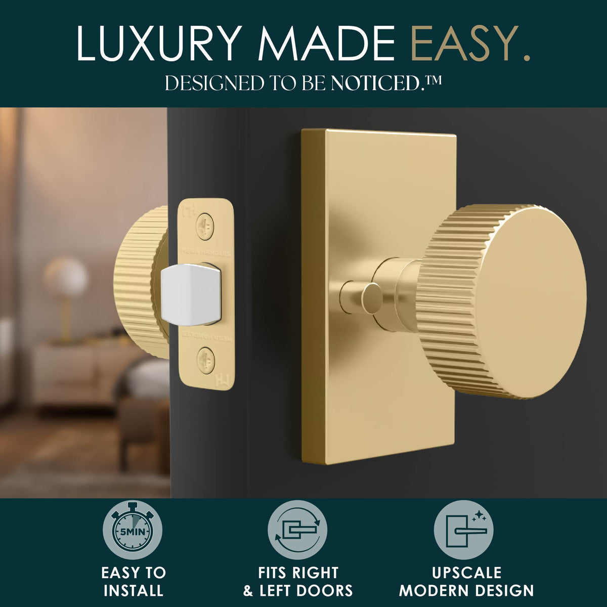 Ribba Satin Brass privacy knob lifestyle graphic highlighting easy installation and modern design