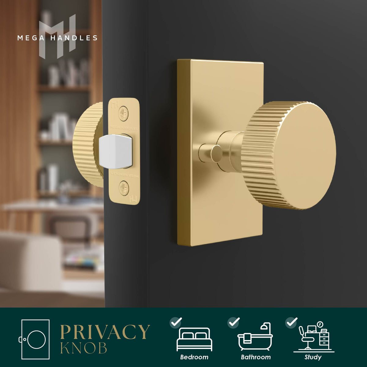 Ribba Satin Brass ribbed privacy knob installed on a dark bedroom door with latch visible