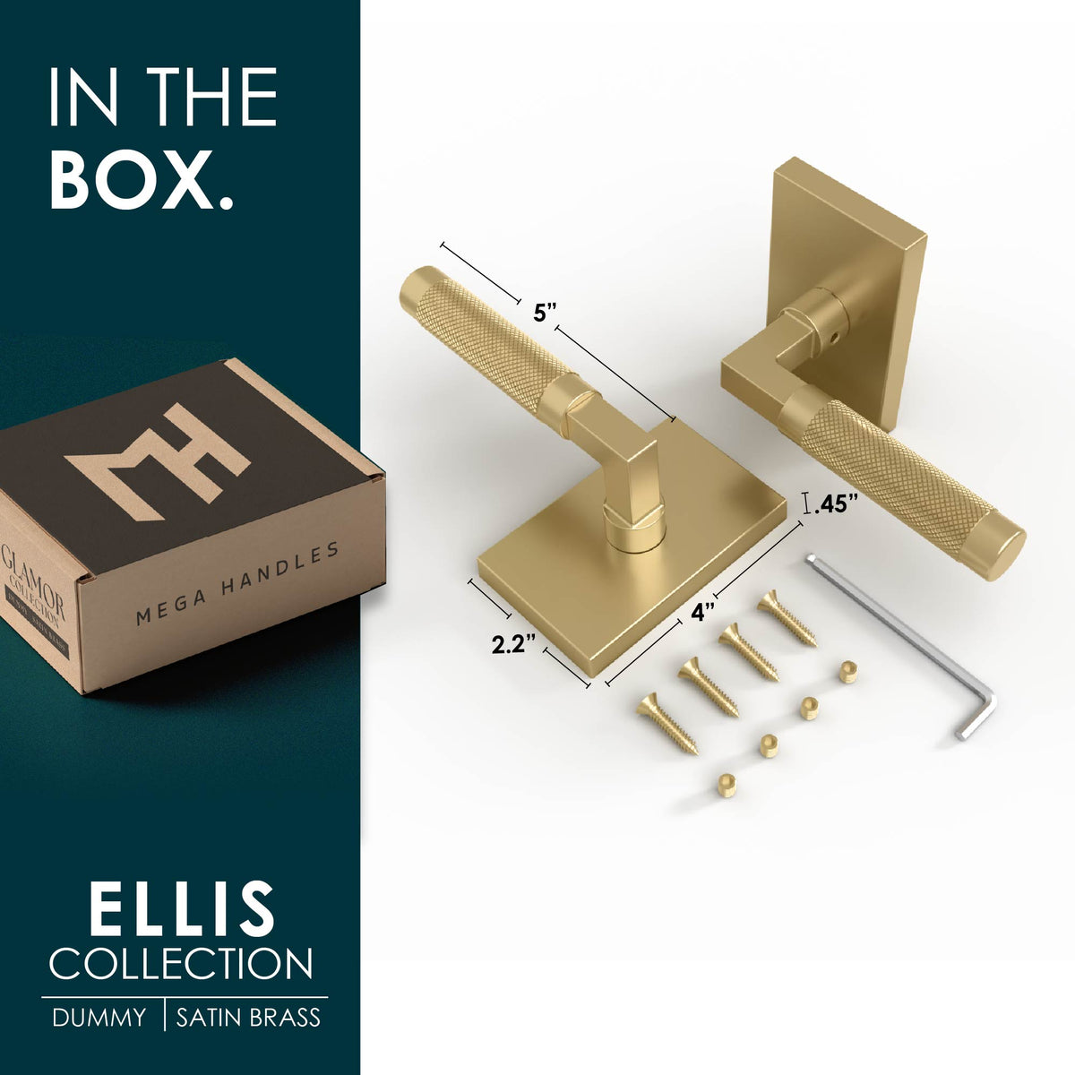 Ellis satin brass dummy lever box contents with rectangular rosette, mounting screws and Allen key