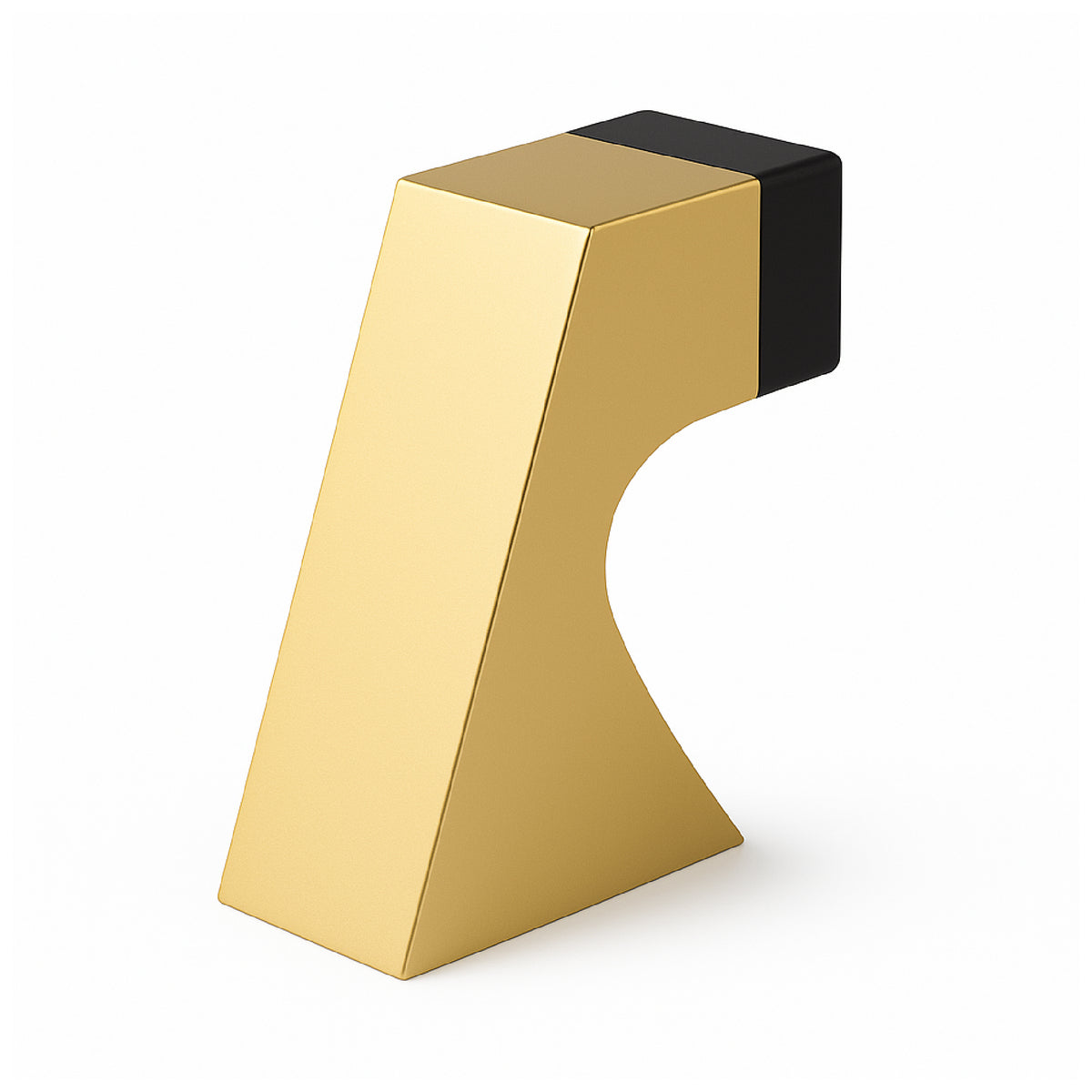 Satin brass Curved Door Stopper with sculptural arched steel body and black rubber door buffer