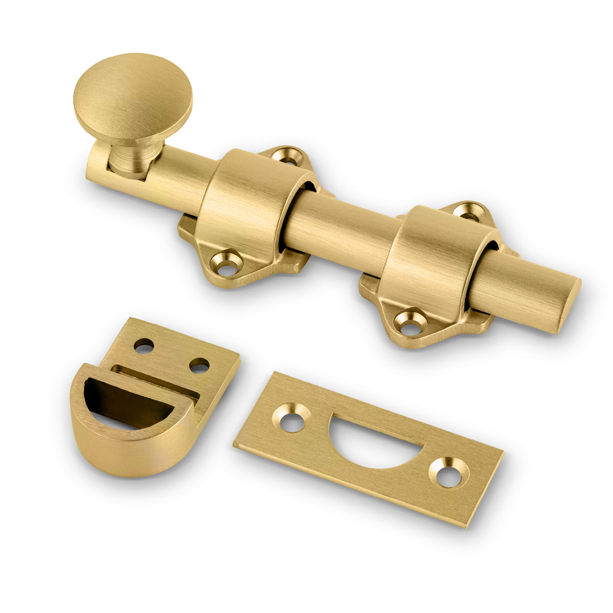 Satin brass Dutch Door Bolt isolated with rectangular and cup-style matching strike plates