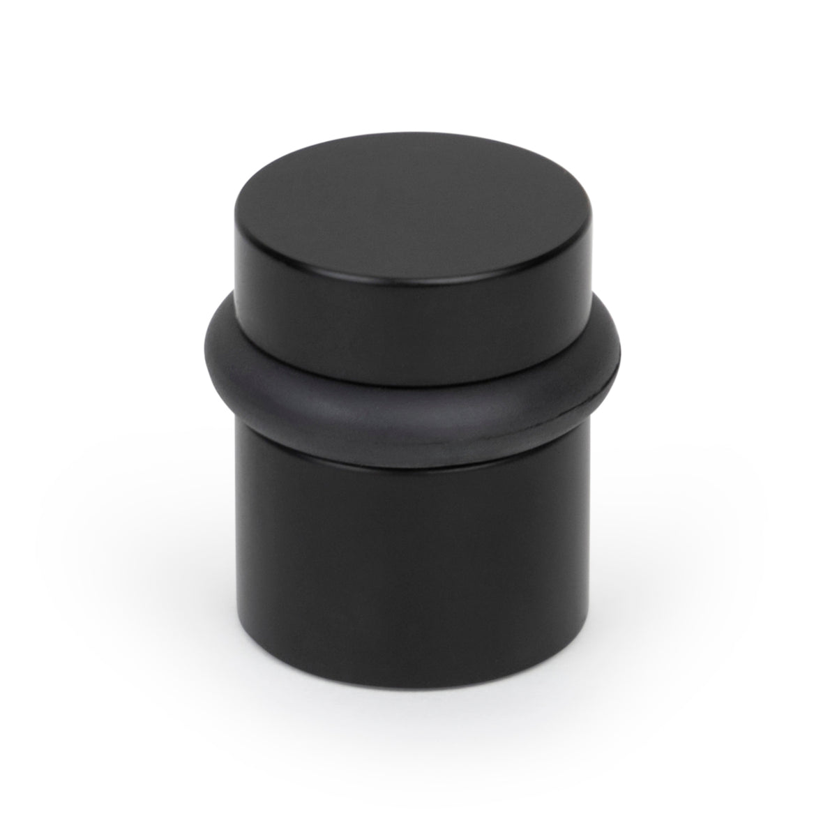Matte black 1.5-inch Cylinder Door Stopper isolated on white with rounded rubber bumper