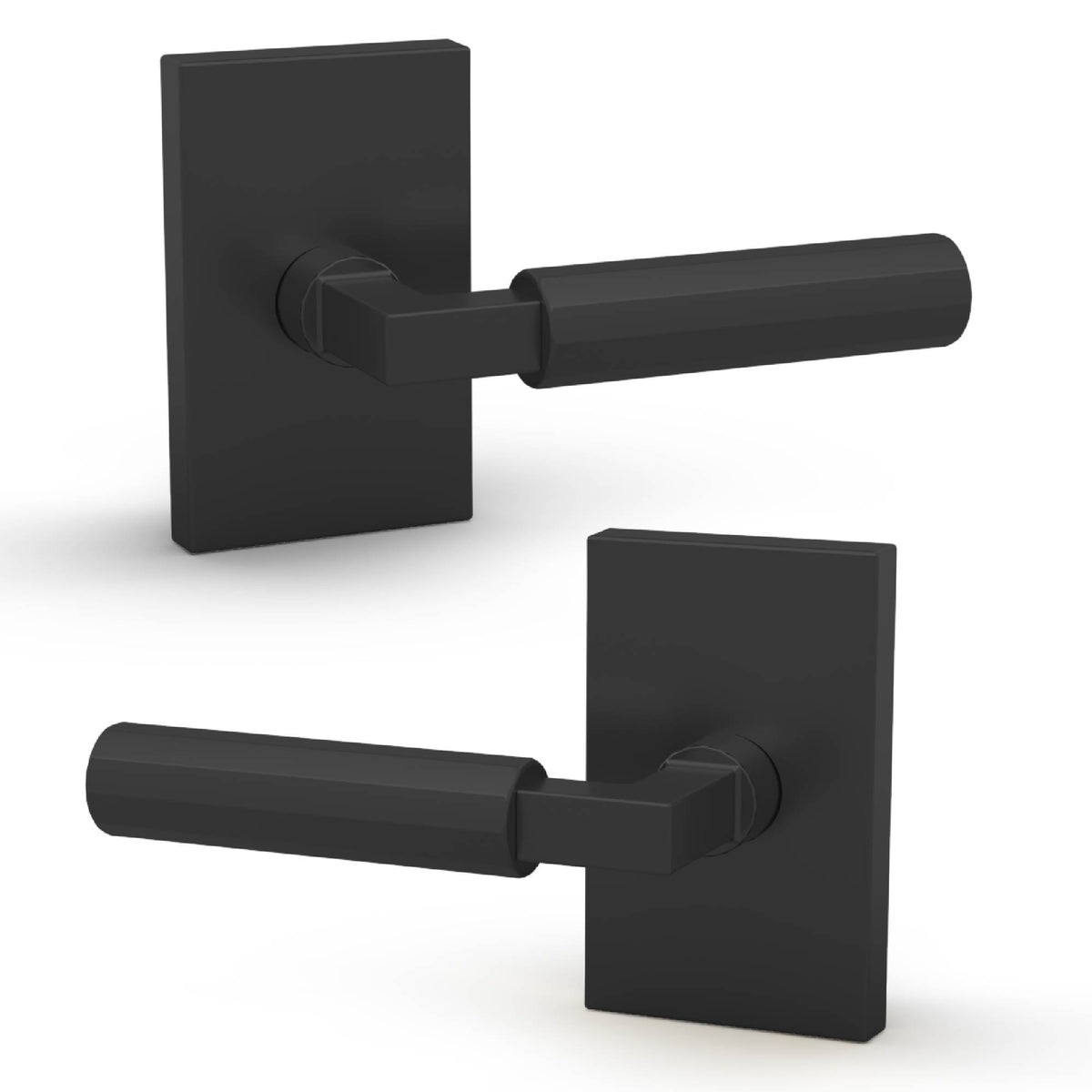 Front and rear views of Benton Matte Black faceted levers on rectangular rosettes