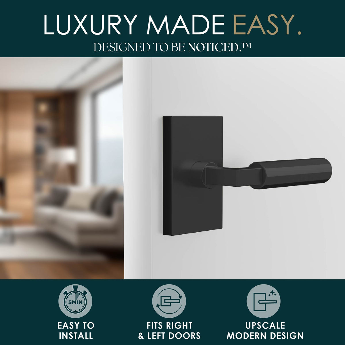 Benton Matte Black dummy lever lifestyle graphic highlighting easy installation and modern design