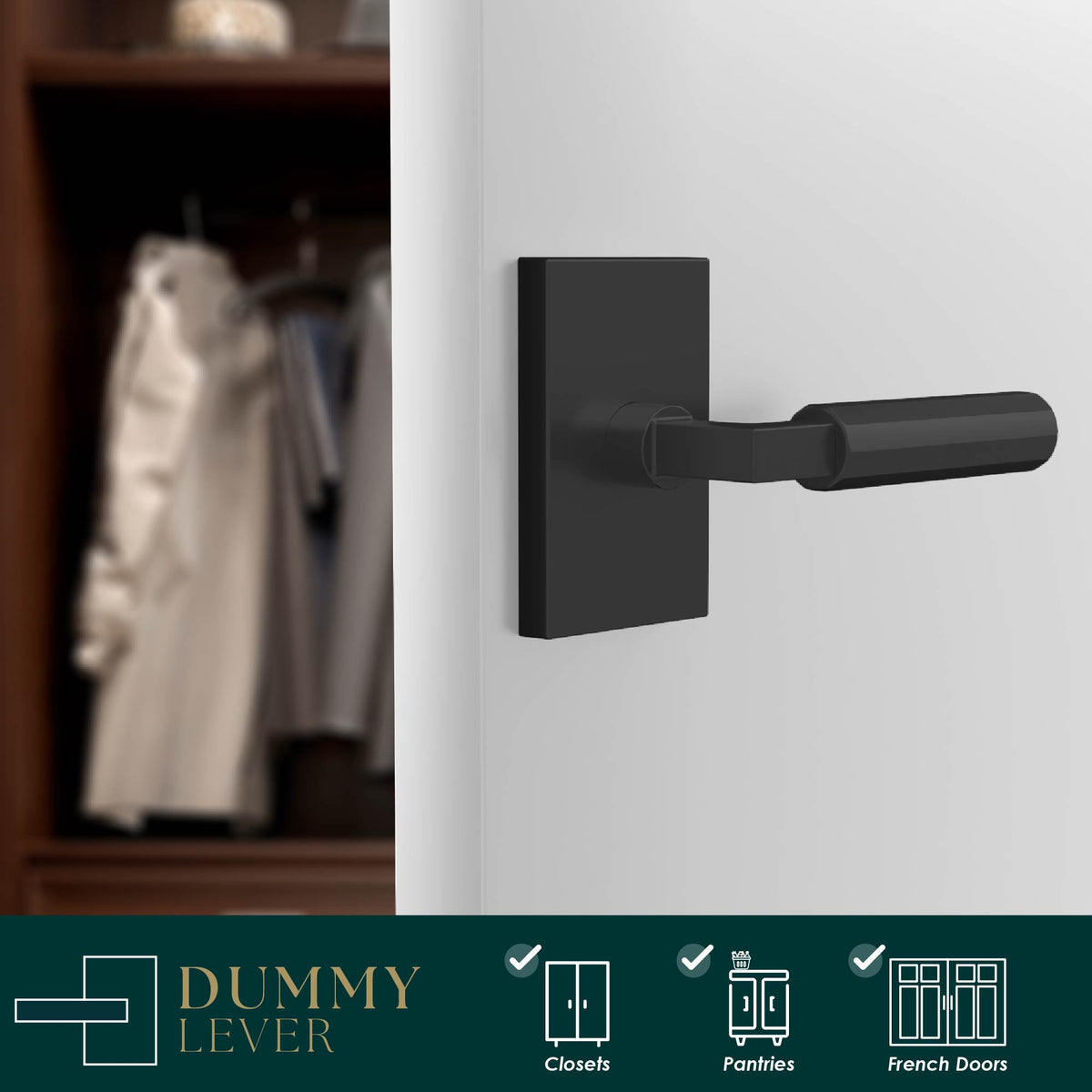 Benton Matte Black faceted dummy lever installed on a light wardrobe door