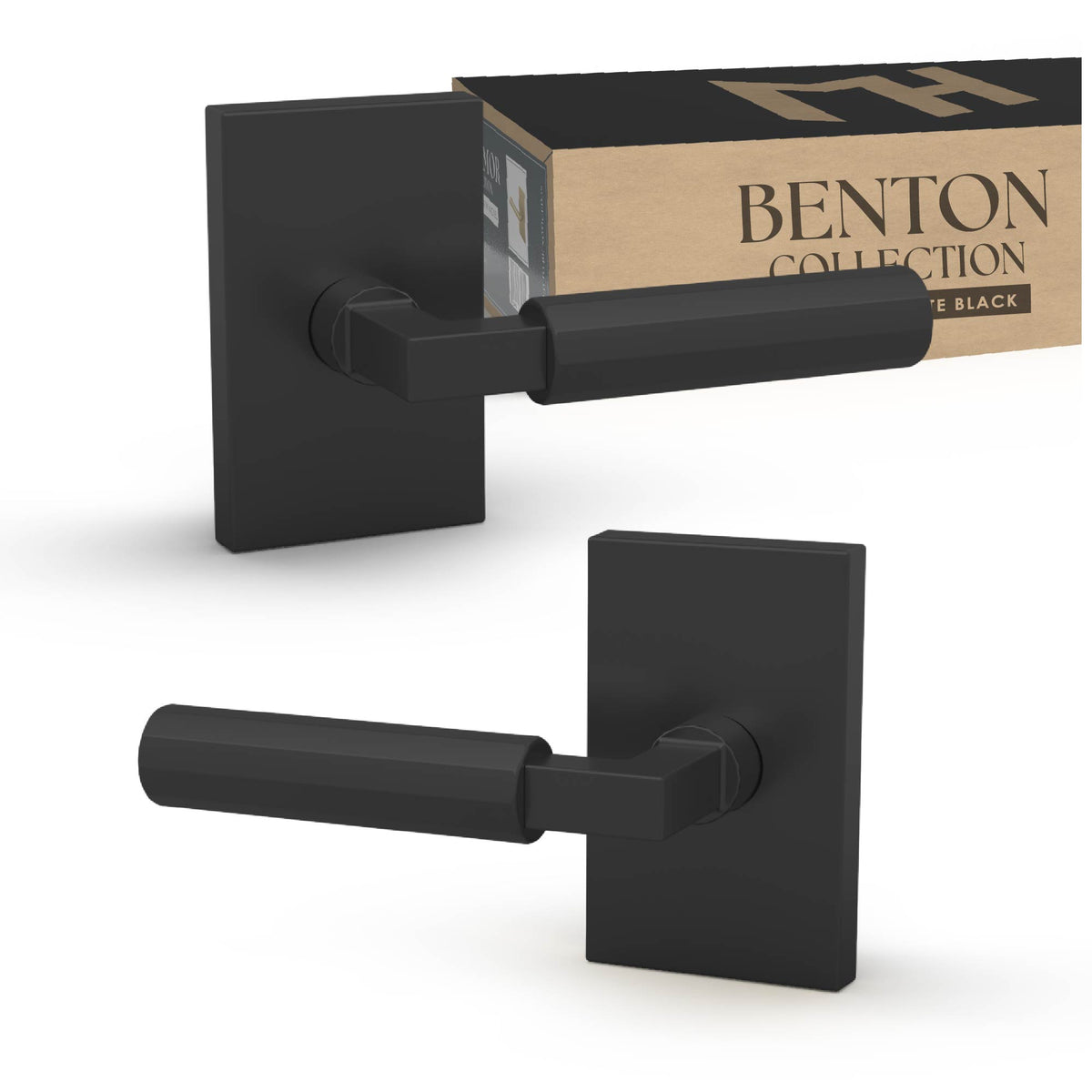 Two Benton Matte Black dummy levers on rectangular rosettes beside product packaging