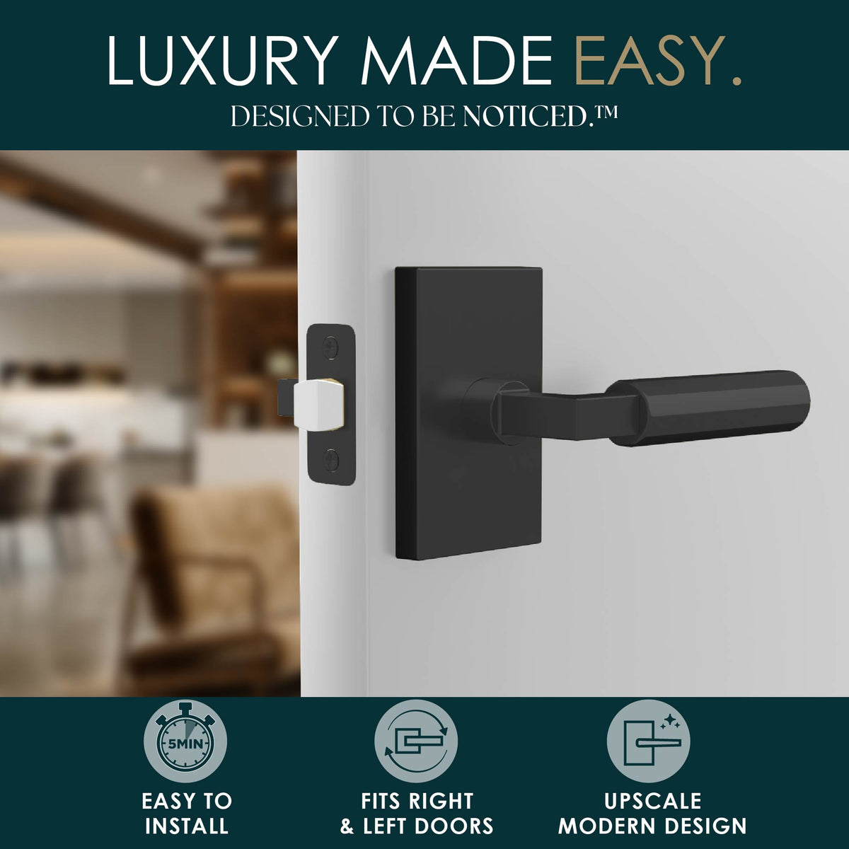 Benton Matte Black passage lever lifestyle graphic highlighting easy installation and modern design