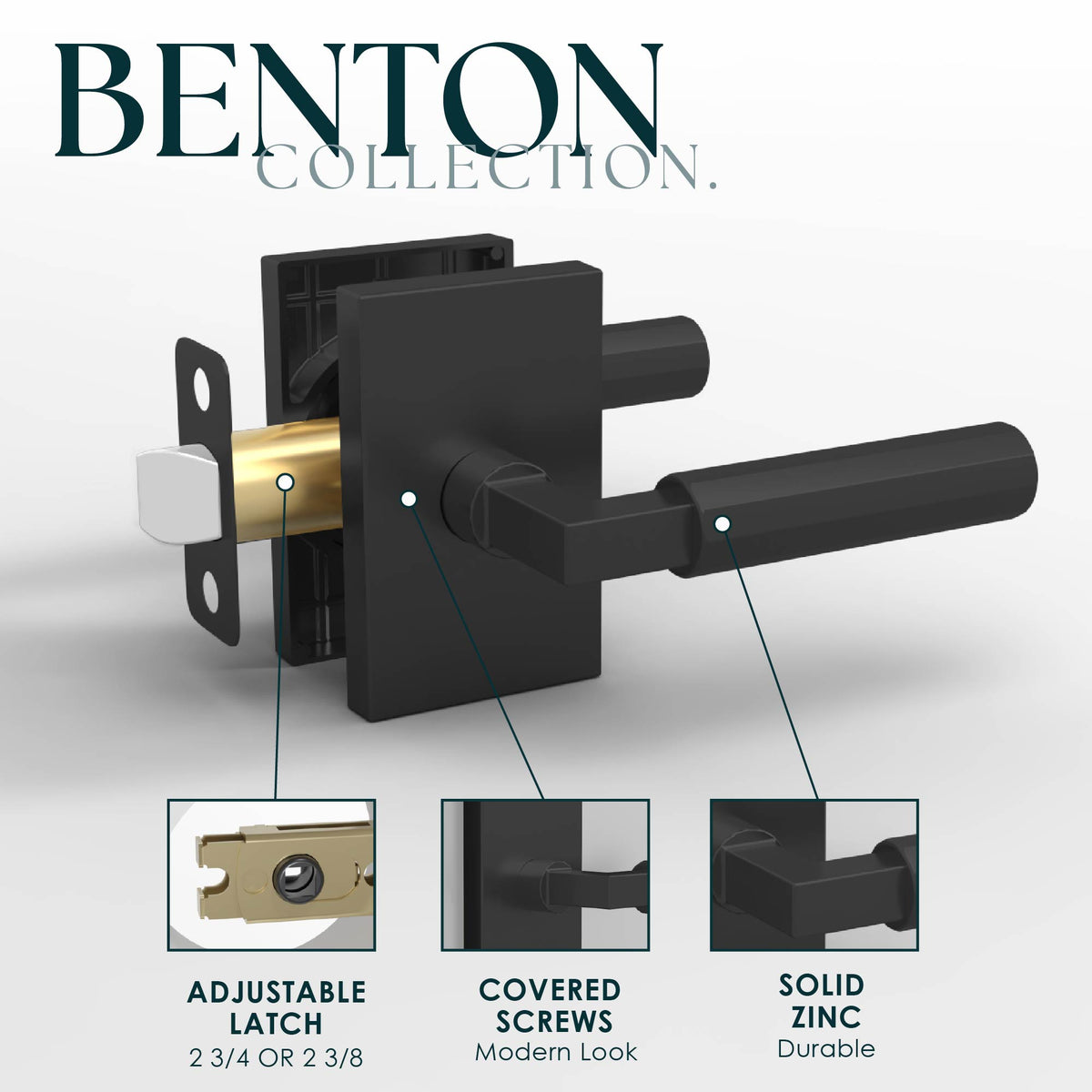 Benton Matte Black passage lever feature diagram showing adjustable latch and concealed screws