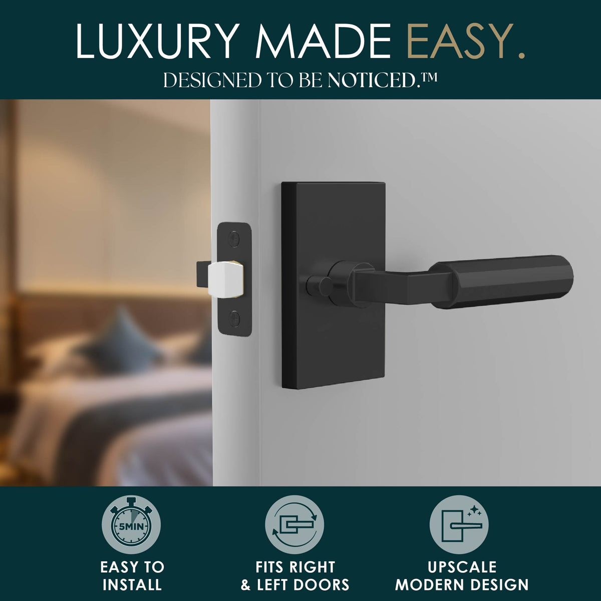 Benton Matte Black privacy lever lifestyle graphic highlighting easy installation and modern design