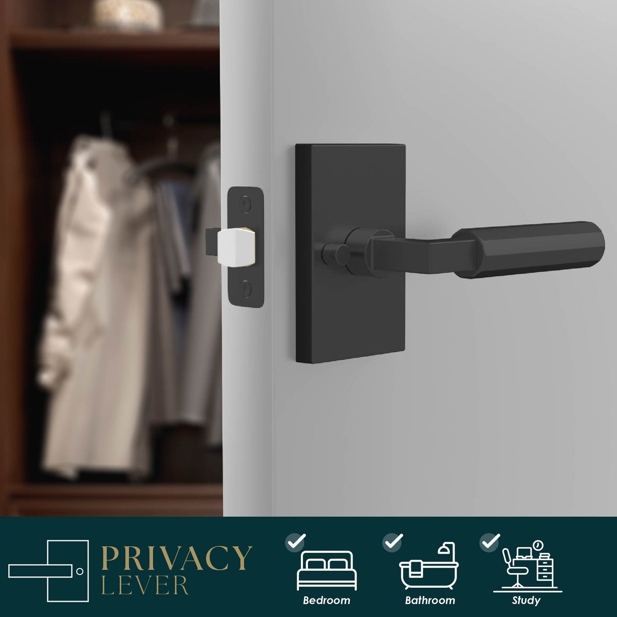 Benton Matte Black faceted privacy lever installed on a light wardrobe door with latch visible