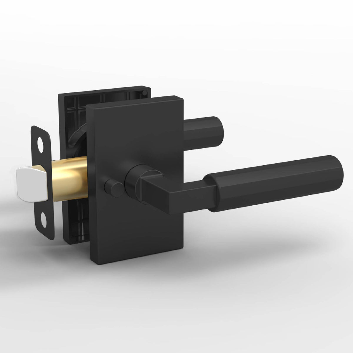 Benton Matte Black privacy lever set with rectangular rosettes and exposed latch