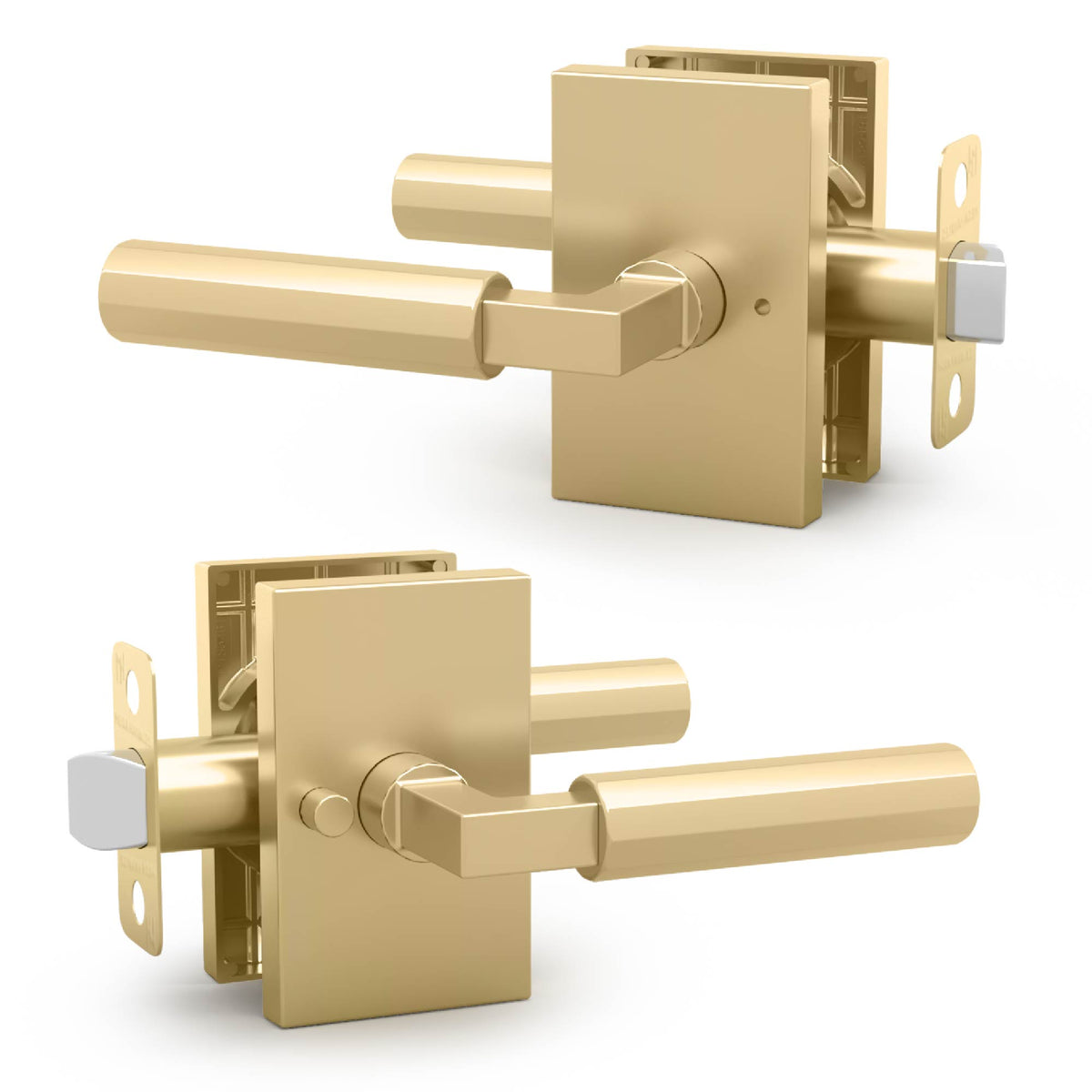 Two cutaway views of a Benton Satin Brass privacy lever set with tubular latch