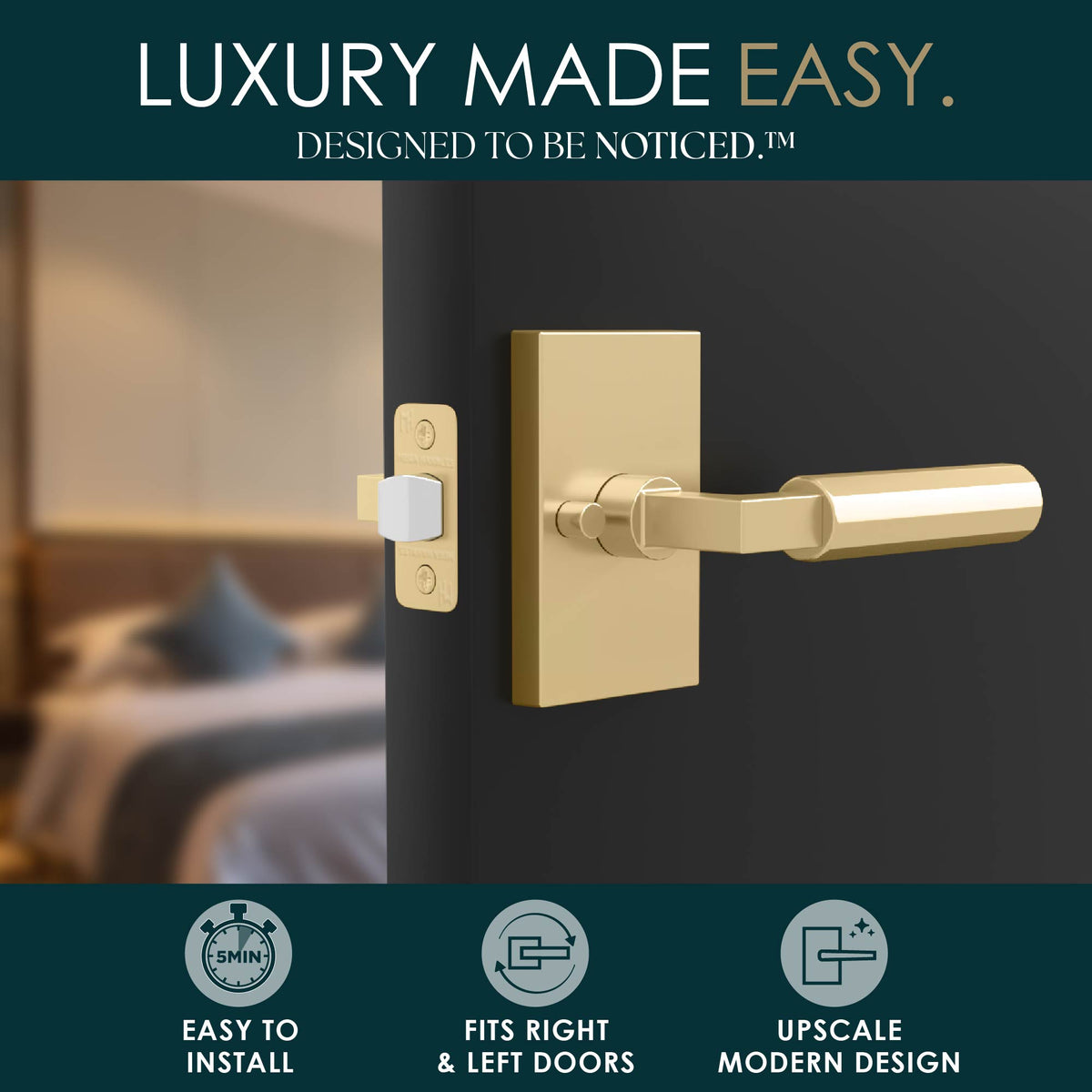Benton Satin Brass privacy lever lifestyle graphic highlighting easy installation and modern design