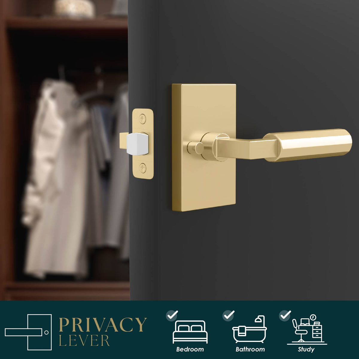 Benton Satin Brass faceted privacy lever installed on a dark wardrobe door with latch visible