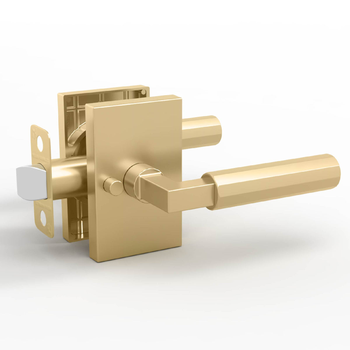 Benton Satin Brass privacy lever set with rectangular rosettes and exposed latch
