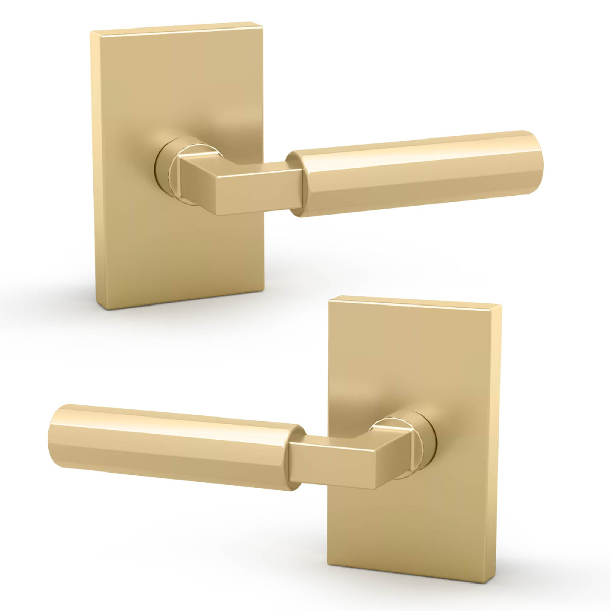 Front and rear views of Benton Satin Brass faceted levers on rectangular rosettes