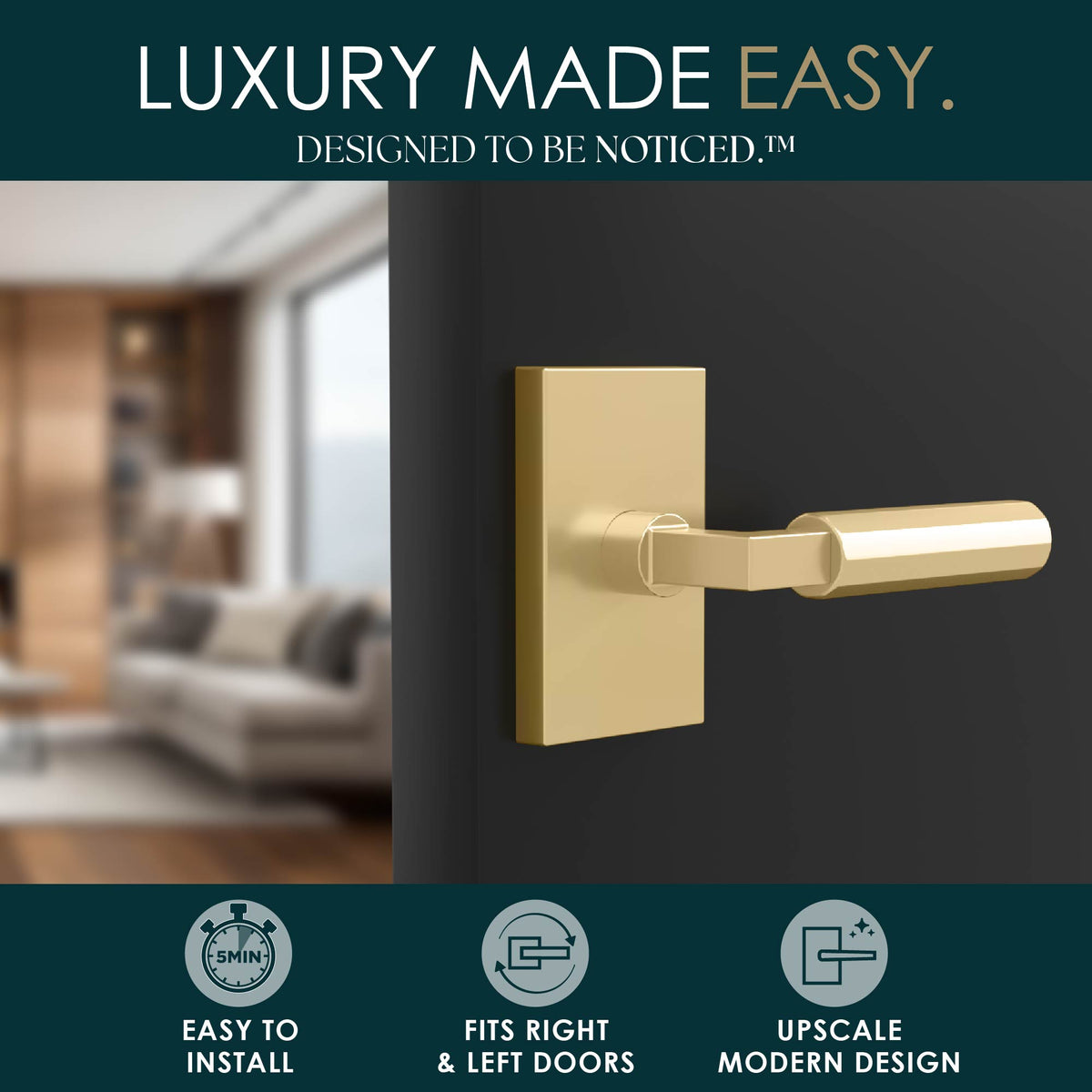 Benton Satin Brass dummy lever lifestyle graphic highlighting easy installation and modern design