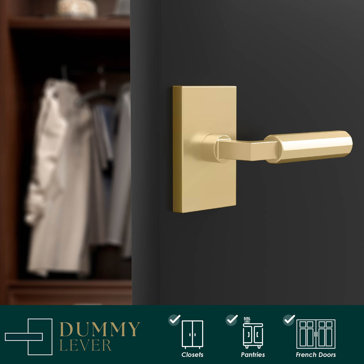 Benton Satin Brass faceted dummy lever installed on a dark wardrobe door
