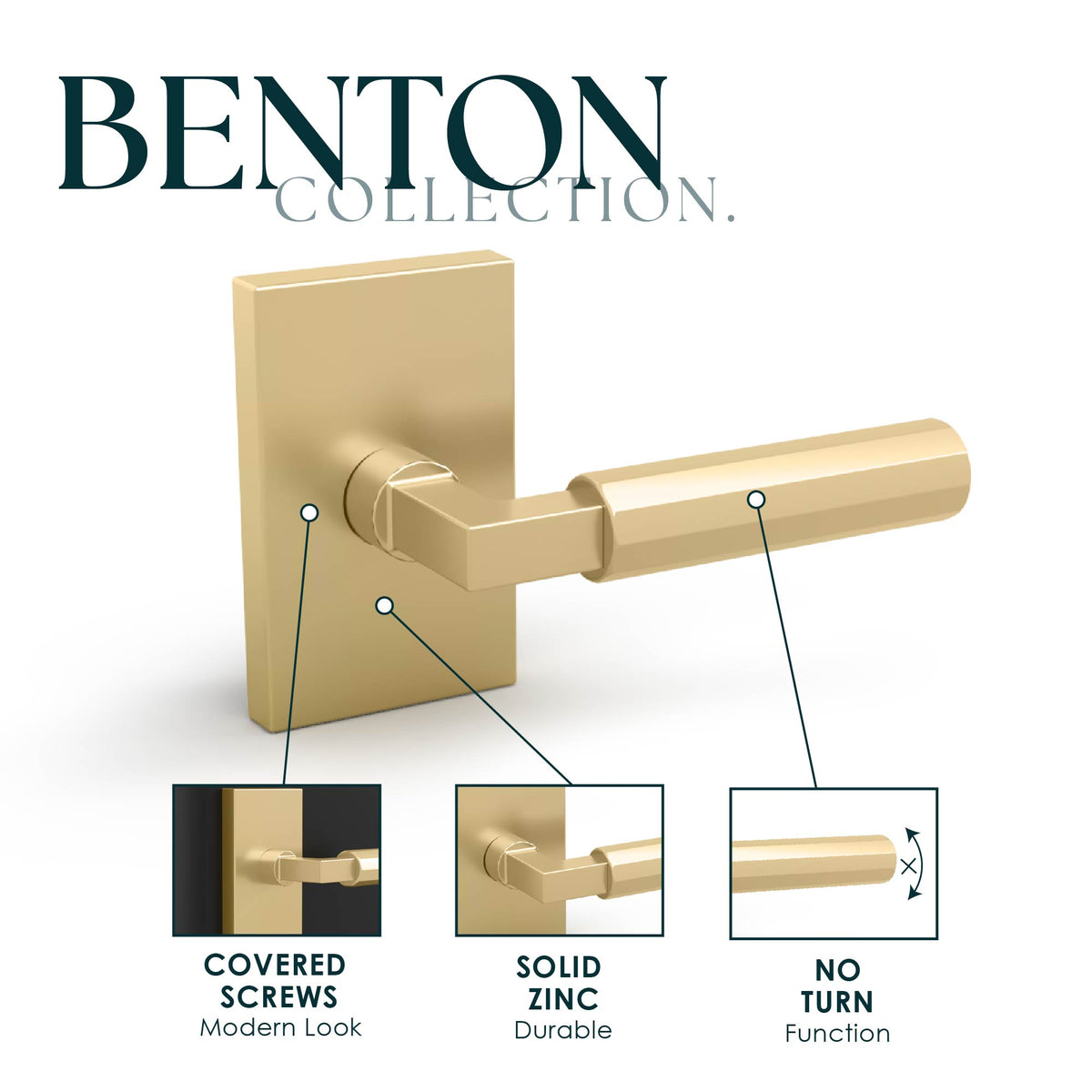 Benton Satin Brass dummy lever feature diagram showing covered screws and solid zinc construction
