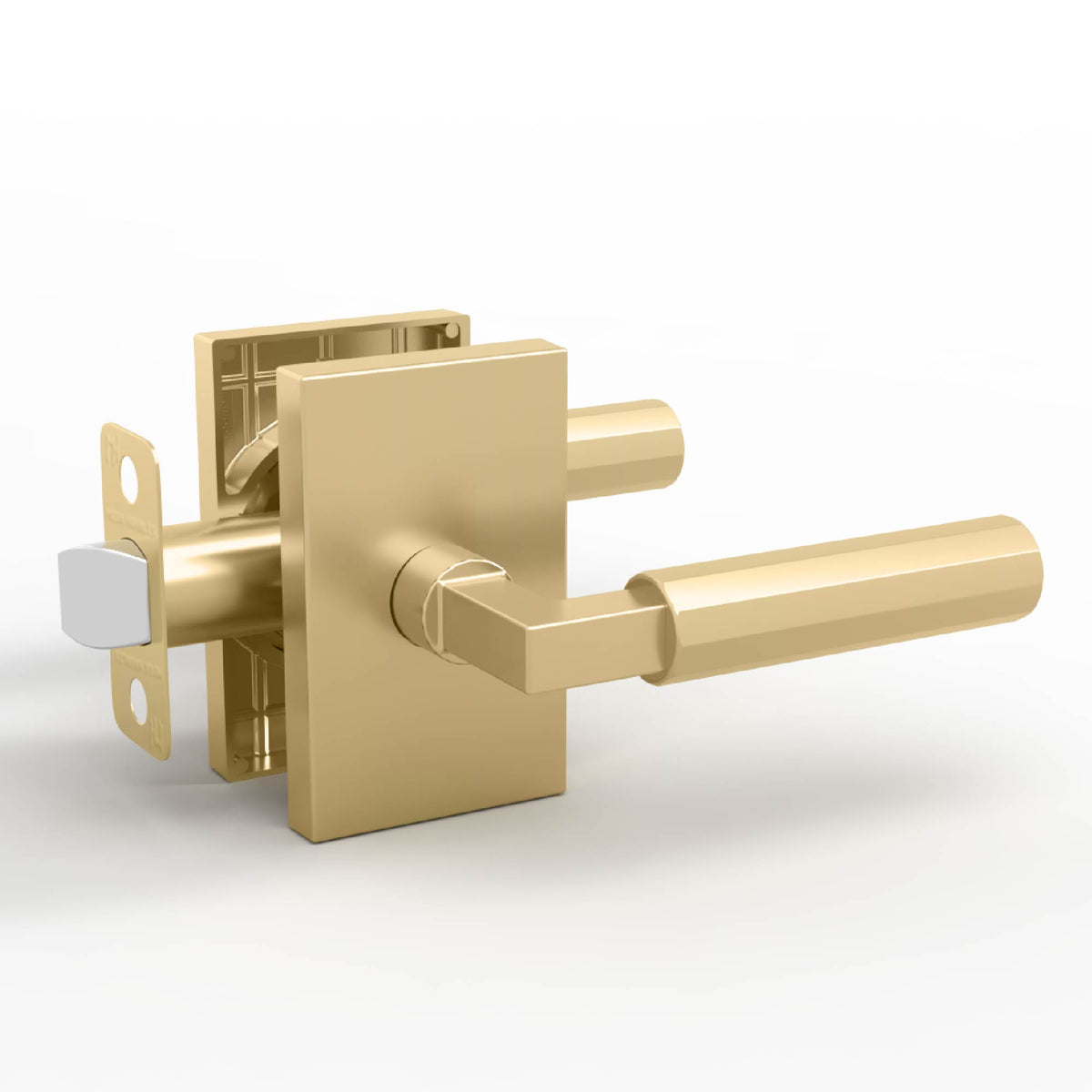 Benton Satin Brass passage lever set with rectangular rosettes and exposed latch