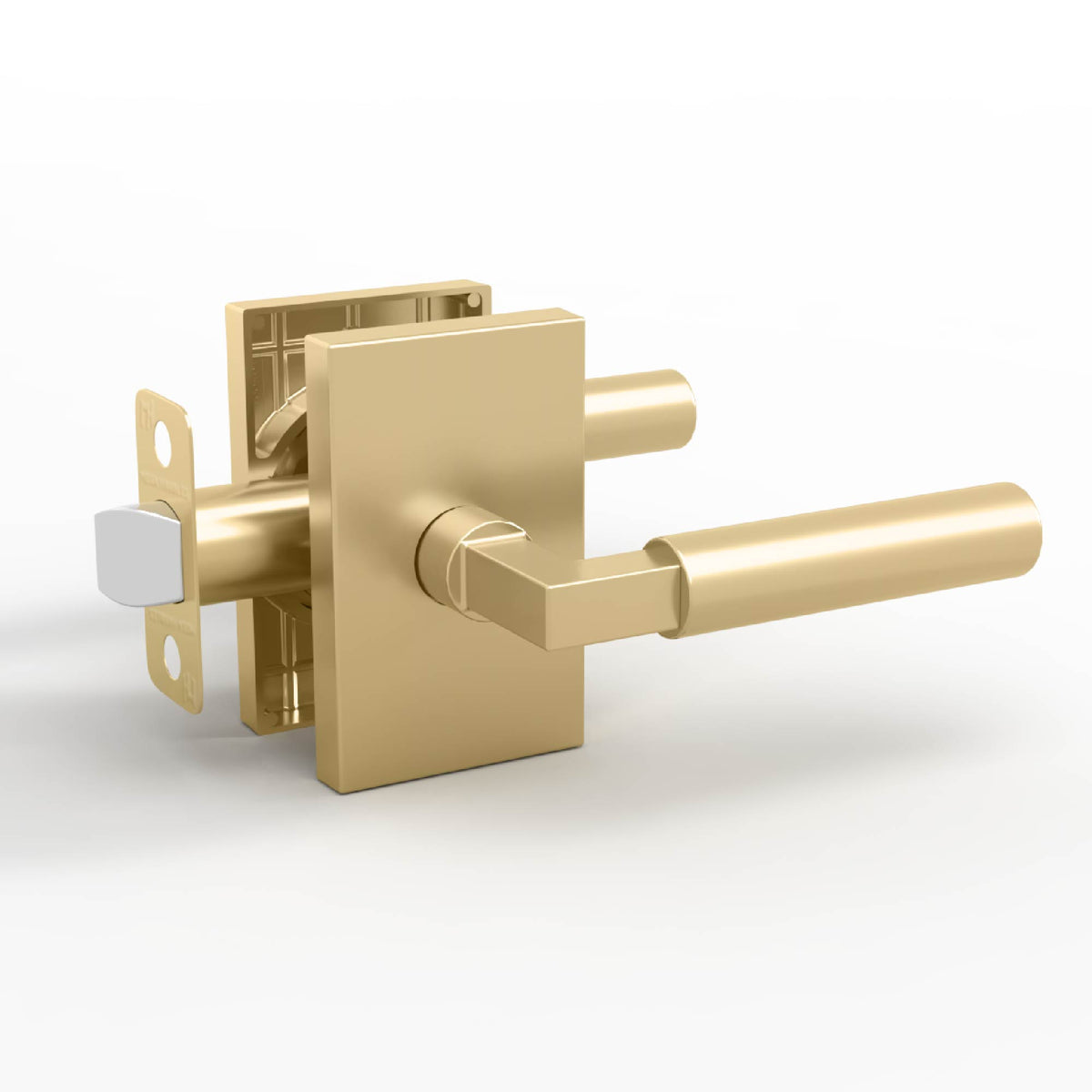 Cutaway view of a Camden Satin Brass cylindrical lever set showing the tubular latch mechanism