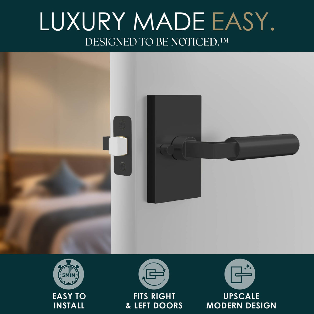 Camden Matte Black privacy lever lifestyle graphic highlighting easy installation and modern design