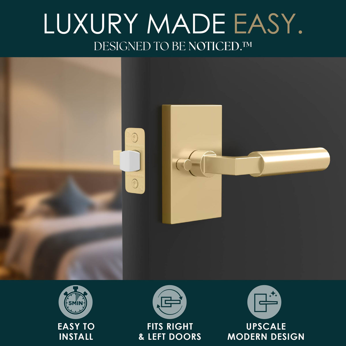 Camden Satin Brass privacy lever lifestyle graphic highlighting easy installation and modern design