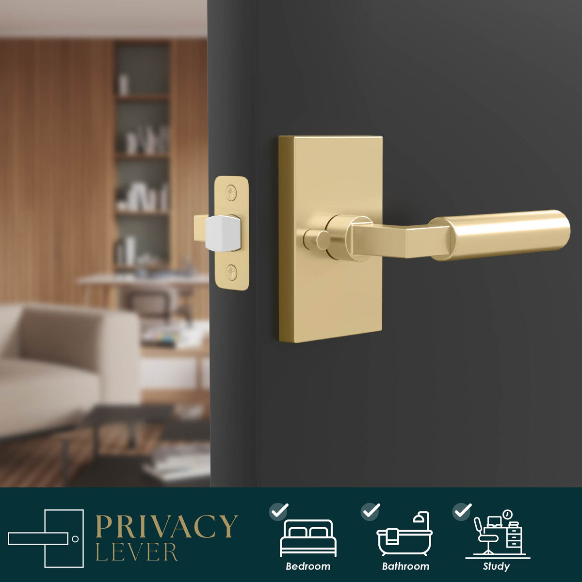 Camden Satin Brass cylindrical privacy lever installed on a dark bedroom door with latch visible