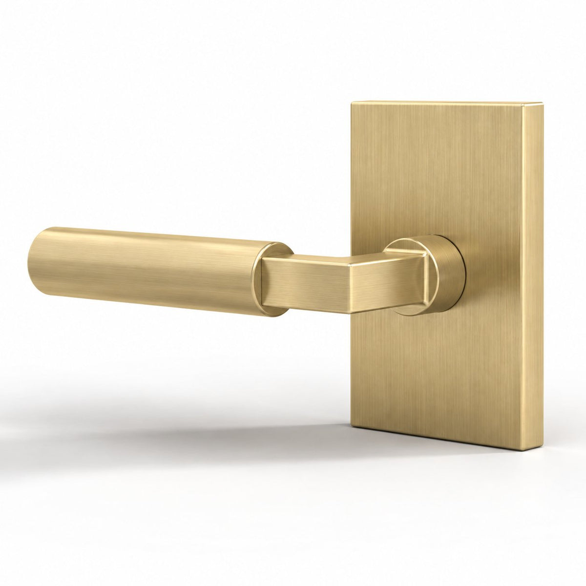 Camden Collection | L-Square Cylindrical Lever in satin brass on a white background