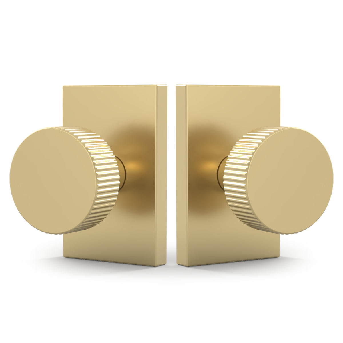 Front and rear views of Ribba Satin Brass knobs with ribbed edges and rectangular rosettes