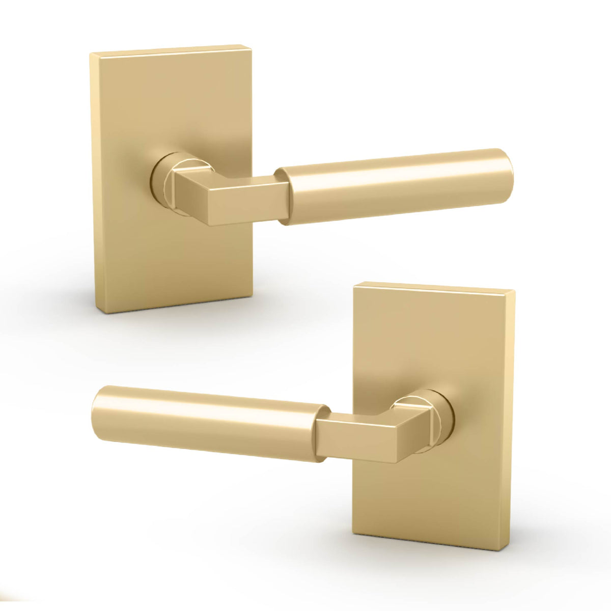 Front and rear views of Camden Satin Brass cylindrical levers on rectangular rosettes