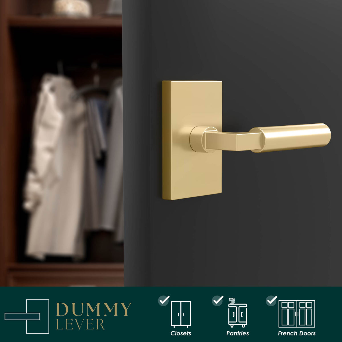 Camden Satin Brass cylindrical dummy lever installed on a dark wardrobe door